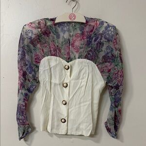 Floral Sheer Sleeve Women's Top - Cream vintage 90’s Donna Martin 90210